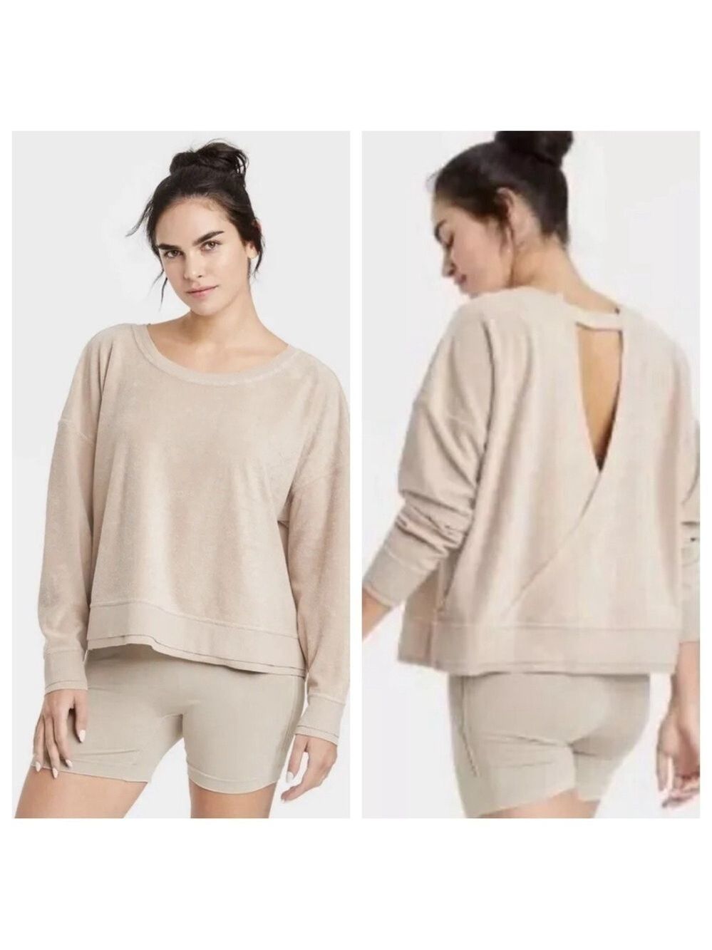 Joylab Terry Cloth Open Back Sweatshirt SZ L Tan